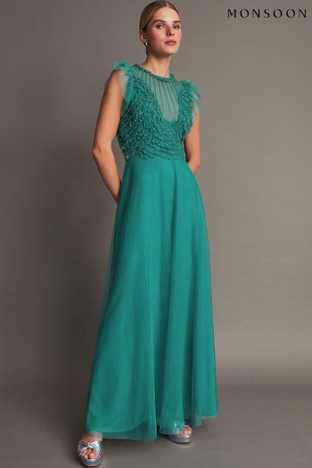 Monsoon Green Irina Hand Embellished Maxi Dress (371271) | £130