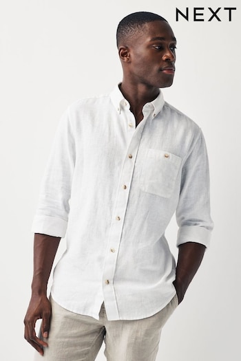 White Standard Collar Linen Blend Long Sleeve Shirt (371520) | £30