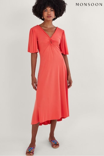 Monsoon Pink Jersey Pom Pom Trim Keyhole Detail Dress (371616) | £75