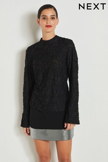 Black Textured Jacquard Long Sleeve Blouse (372582) | £38