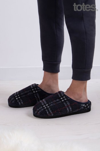 Totes Black Mens Borg Check Slippers With EVA Sole (374002) | £30