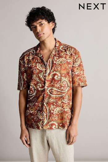 Brown Printed Short Sleeve Shirt With Cuban Collar (374175) | £30