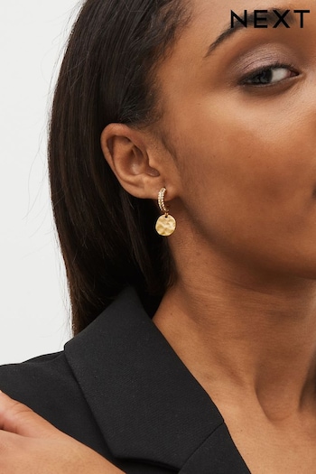 Gold Tone Hammered Coin Drop Pave Hoop Earrings (374584) | £10