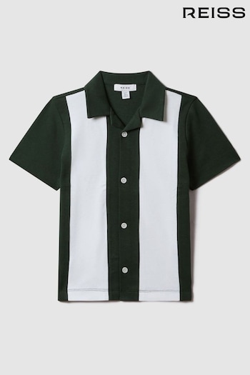Reiss Green/Ecru Skade Cotton Cuban Collar Bowling Shirt (374764) | £28
