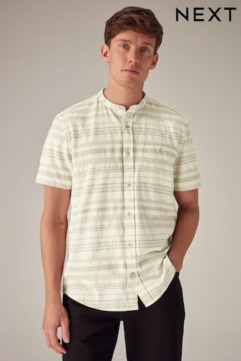 White Grandad Collar Textured Stripe Short Sleeve Shirt With Grandad Collar (376273) | £30