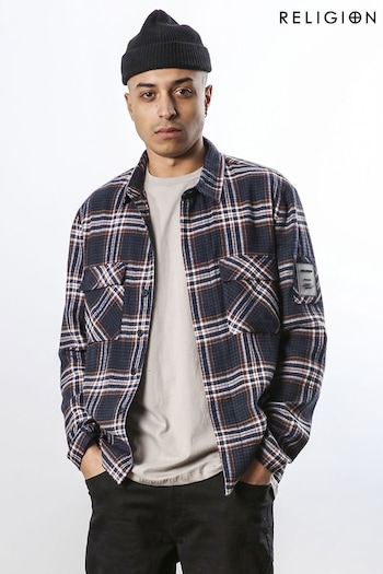 Religion Blue Relaxed Fit Check Lumberjack Elements Over Shirt (376423) | £65