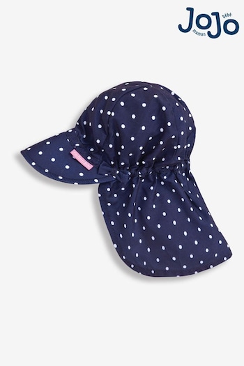 JoJo Maman Bébé Navy White Dot Girls' Dot Frilly Flap Sun Protection Hat (377891) | £14