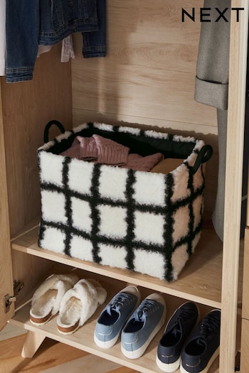 Black and White Fluffy Fabric Check Storage Basket (378372) | £20