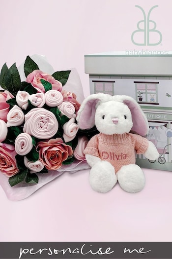 Babyblooms Luxury Pink Bouquet and Personalised New Baby Bunny Soft Toy Gift (378525) | £115