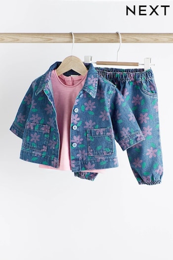 Printed Denim Floral Baby teddy Jacket, Jeans And T-Shirt 3 Piece Set (378657) | £24 - £26
