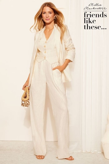 Short Sleeved Sets Cream Wide Leg Pinstripe Linen Look Trousers (378720) | £42