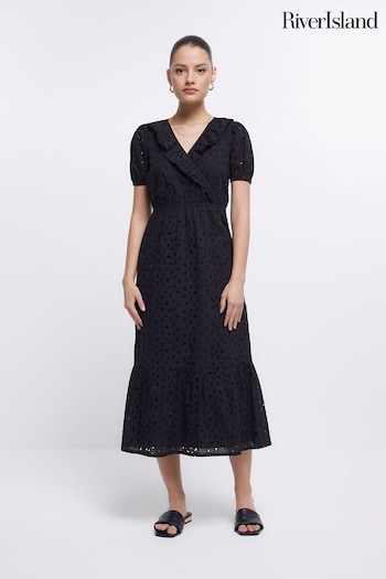 River Island Black Broderie Wrap Mini Dress (379461) | £65