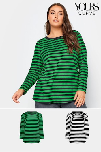 Yours Curve Green Longsleeve Stripe T-Shirts 2 Packs (379528) | £29