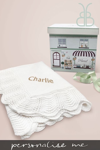 Babyblooms Personalised White and Gold Luxury Knitted Blanket Baby Gift (379638) | £40