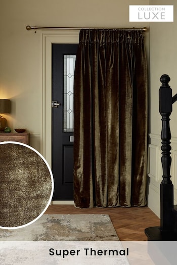 Olive Green Collection Luxe Heavyweight Plush Velvet Super Pencil Pleat Thermal Door Curtain (379815) | £95 - £140