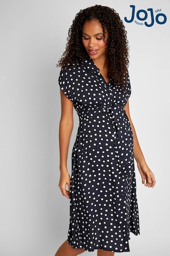 JoJo Maman Bébé Navy Blue & White Spot Maternity Shirt Dress With Tie (381422) | £49.50