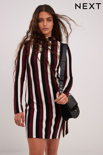 Black Red Stripe High Neck Long Sleeve Mini Dress (381424) | £34