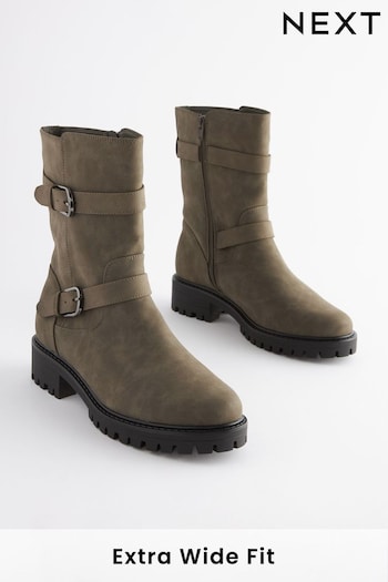 Khaki Green Extra Wide Fit Forever Comfort® Buckle Biker Gree Boots (383754) | £46