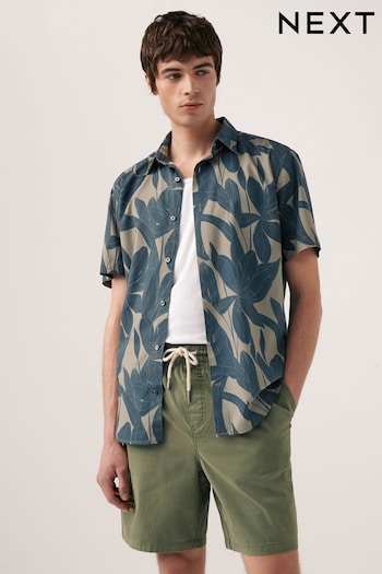 Neutral Brown/Navy Blue Floral Regular Fit Printed Short Sleeve Shirt (384785) | £35