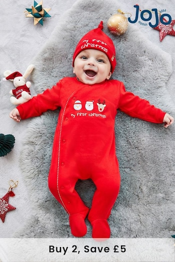 JoJo Maman Bébé Red My First Christmas Cotton Baby Sleepsuit (385084) | £23