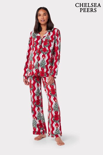 Chelsea Peers Red Maternity Recycled Fibre White Wreath & Tree Stripe Print Long Pyjama Set (385826) | £45
