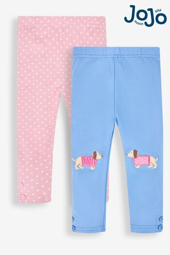 JoJo Maman Bébé Blue Sausage Dog & Pink/Cream Spot wrap' 2-Pack Leggings (387427) | £21