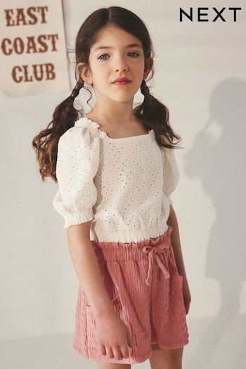 Ecru/Pink Broderie Top and Textured Shorts Set (3-16yrs) (388072) | £18 - £24