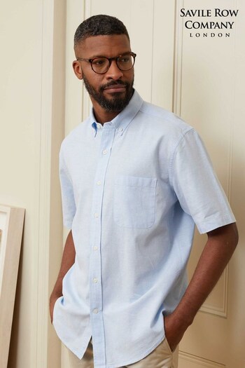 Savile Row Company Light Blue Linen Cotton Short Sleeve Shirt (388390) | £45