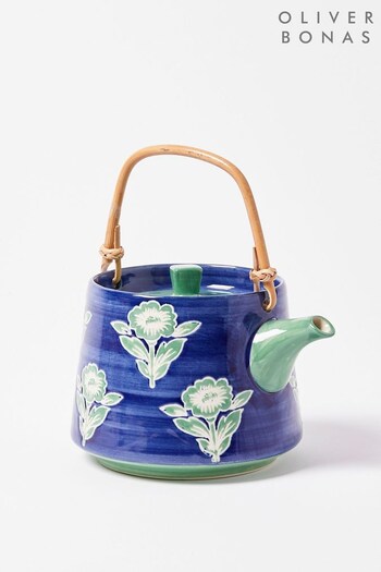 Oliver Bonas Blue Dahlia Floral Ceramic Teapot (389078) | £40