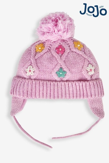 JoJo Maman Bébé Pink Floral Embroidered Cable Hat (389743) | £16.50