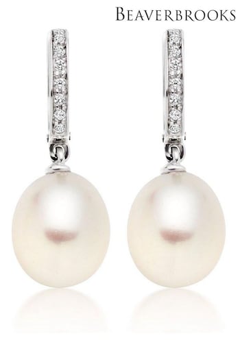 Beaverbrooks 9ct White Gold Pearl Cubic Zirconia Drop Earrings (390444) | £250