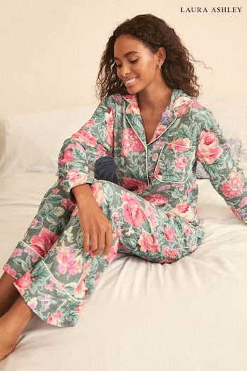 Laura Ashley Green Wild Roses Print Textured Cotton Button Through Pyjamas (390593) | £59