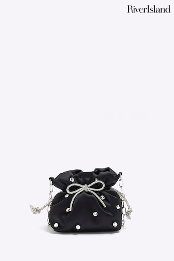 River Island Black Satin Gem Drawstring Bag (391000) | £29