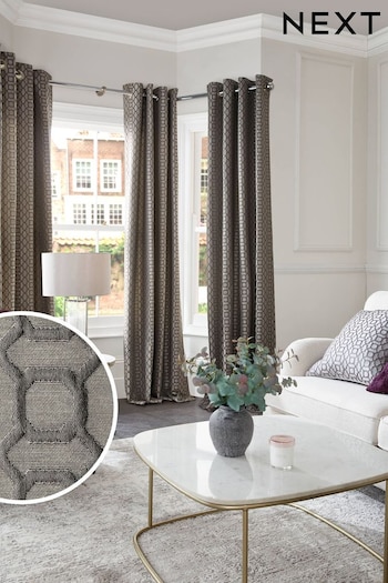 Silver Grey Next Woven Geometric Eyelet Lined Curtains (391028) | £75 - £170