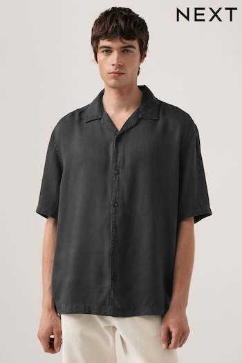 Charcoal Grey Tencel™ Lyocell Short Sleeve Shirt with Cuban Collar (391855) | £30