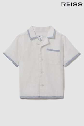 Reiss White/Soft Blue Vitan Linen Contrast Cuban Collar Shirt (392005) | £38