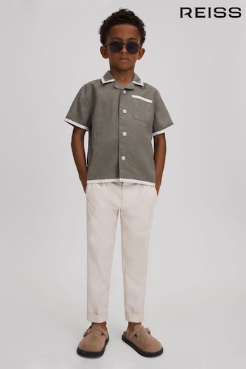 Reiss Khaki/White Vitan Linen Contrast Cuban Collar Shirt (392075) | £38