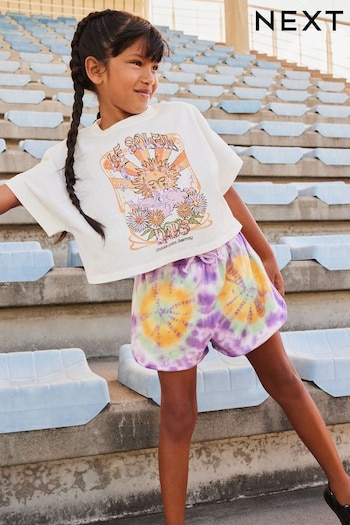 Ecru White Sequin Celestial Graphic T-Shirt and Tie Dye Shorts Set (3-16yrs) (392304) | £16 - £22