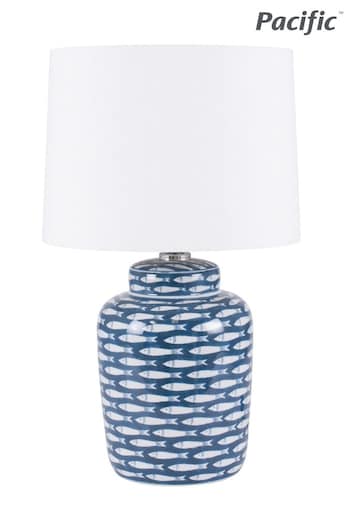 Pacific Blue Schoal Blue/White Fish Detail Ceramic Table Lamp (393861) | £100