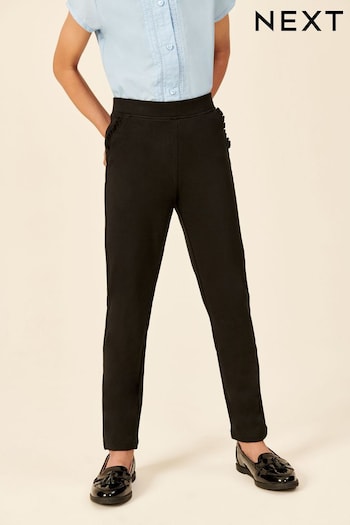 Black Cotton Rich Jersey Stretch Pull-On Frill Detail School Trousers size (3-16yrs) (394085) | £8 - £13