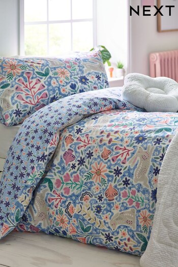 Blue 100% Cotton Floral Bunny Duvet Cover and Pillowcase Set (394315) | £20 - £28