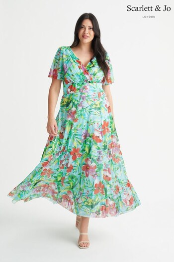 Scarlett & Jo Green Isabelle Aqua Floral Angel Sleeve Maxi Dress (394344) | £95