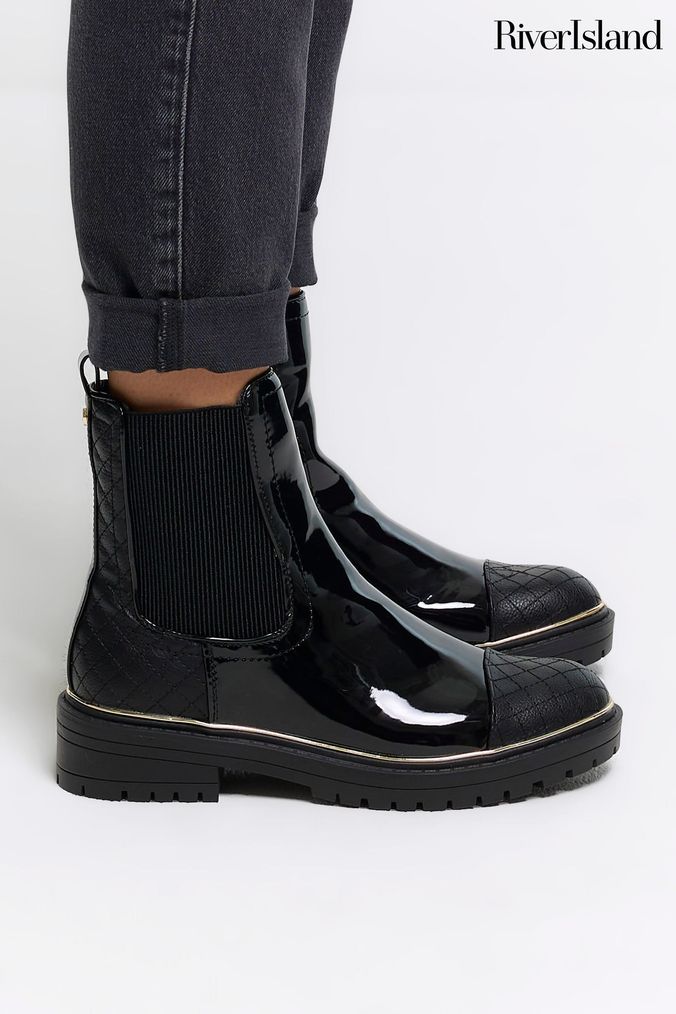 River island heeled patent military boots in black top