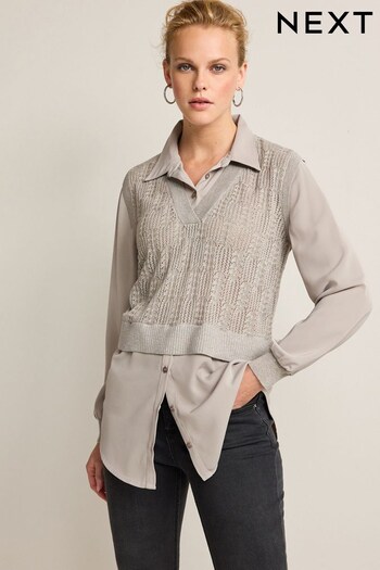 Grey Pointelle Sparkle Knit Shirt Layer Jumper (395384) | £41