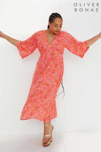 Oliver Bonas Pink Petal and Paisley Print Midi Dress (395776) | £85