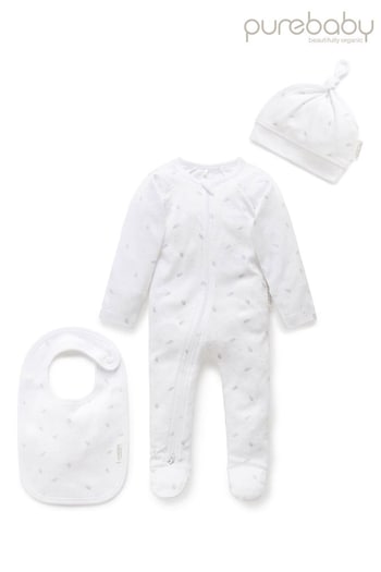 Purebaby 3 Piece Baby Hat, Bib & Sleepsuit Set (397567) | £25