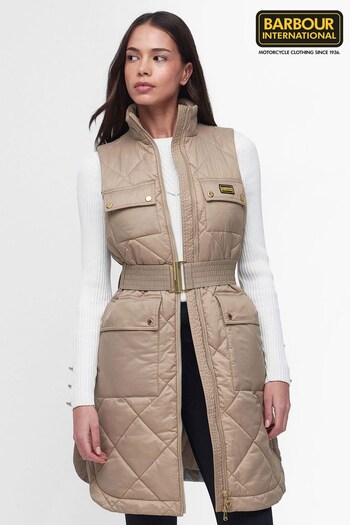 Barbour® International Beige Orbit Diamond Quilted Longline Gilet (397745) | £199