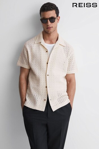 Reiss Ecru Scorpios Crochet Cuban Collar Button Through T-Shirt (399373) | £110