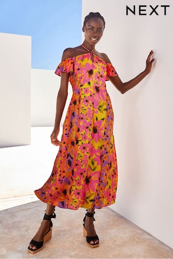 Pink Floral Off Shoulder Halter Summer Dress (3CZ964) | £39