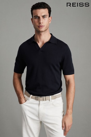 Reiss Navy Duchie Merino Wool Open Collar Polo Shirt (3DY057) | £88